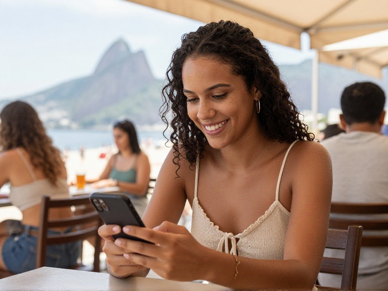 Jovem brasileiro sorrindo enquanto usa o celular sentado num café moderno e iluminado, expressão relaxada e confiante, luz suave do fim de tarde