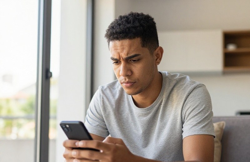 Mulher brasileira de cerca de 30 anos analisa com atenção um perfil no celular, sentada num sofá com luz natural suave, expressão atenta e desconfiada