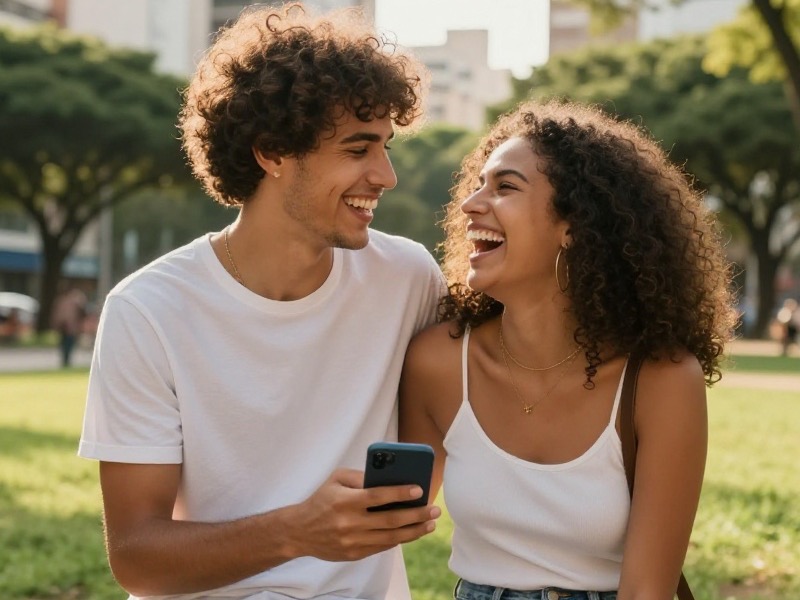 Um casal brasileiro adulto a conversar animadamente numa mesa de café ao ar livre, luz suave da manhã, ambiente natural e descontraído