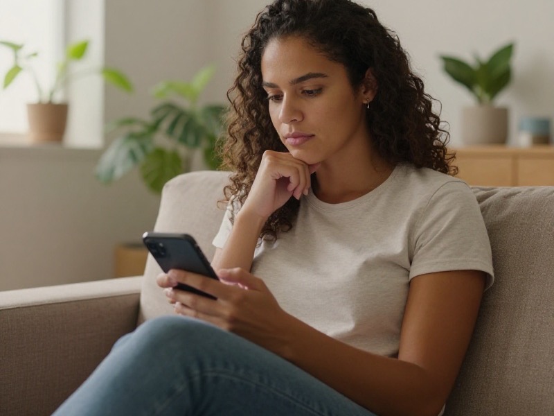 A woman in her late twenties sits on a sofa in a bright apartment in São Paulo, holding her phone and looking thoughtfully at an unanswered message, wearing jeans and a plain T-shirt, warm afternoon light coming through the window, photorealistic candid photo.