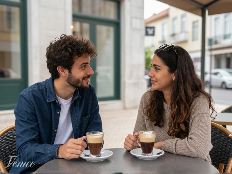 Jovem casal numa esplanada de café, conversa descontraída, ambiente urbano de dia, luz natural suave