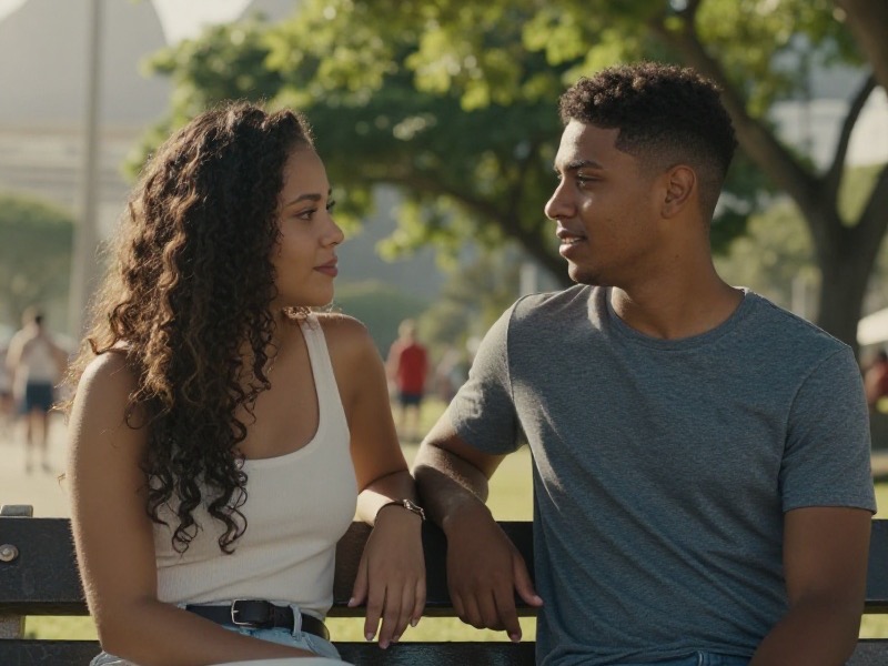 Um casal brasileiro adulto conversa com atenção sincera num banco de praça arborizada, olhando um para o outro, luz dourada de fim de tarde