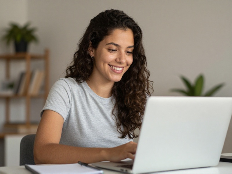 Pessoa sorrindo durante uma videochamada no laptop, ambiente doméstico aconchegante, luz natural