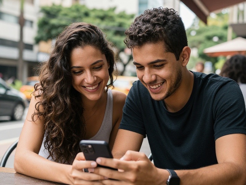 Jovem brasileira sentada em um café iluminado observa gráficos de dados no celular, com anotações em um caderno sobre a mesa e luz natural da tarde.