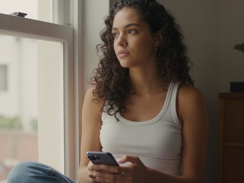 Mulher adulta sentada à janela de um café tranquilo, com expressão pensativa e serena enquanto olha o celular, luz natural suave da manhã.
