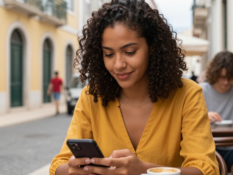 Uma jovem de blusa amarela escreve uma mensagem no telefone, sentada numa esplanada de café numa rua ensolarada, com uma chávena de café ao lado.