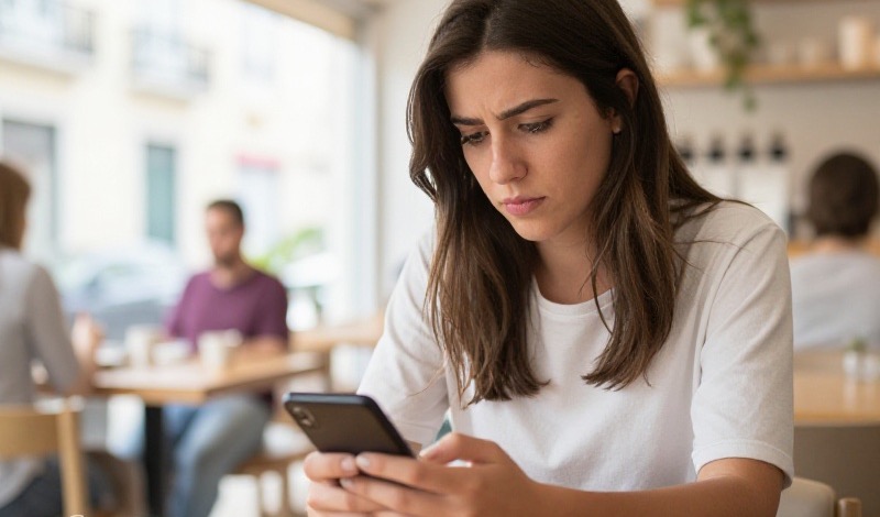 Homem brasileiro de cerca de 30 anos, sentado perto de uma janela com luz natural, observa o celular com expressão pensativa após uma conversa interrompida