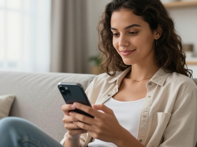 Mulher brasileira de cerca de 28 anos segura o celular com três aplicativos de namoro abertos, comparando perfis em casa com luz natural suave pela janela