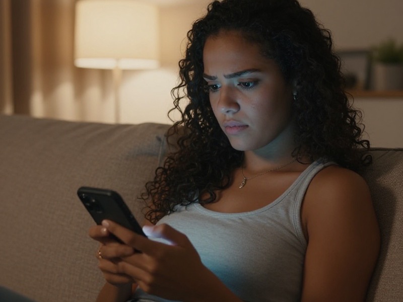 Mulher brasileira sentada no sofá da sala à noite, olhando com expressão de dúvida para dezenas de mensagens carinhosas no celular, com a luz azulada da tela no rosto