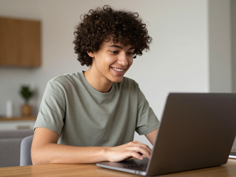 Jovem casal de etnias diferentes em uma videochamada entre países, sorrindo diante do laptop em um ambiente doméstico moderno e acolhedor, com luz quente