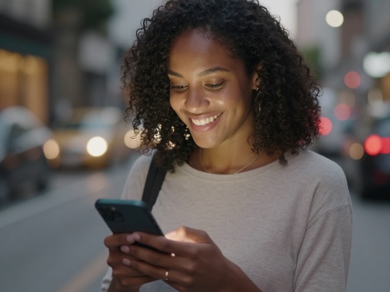 Mulher jovem sorrindo enquanto escreve uma mensagem no celular num café à tarde, luz suave e ambiente moderno, depois de um encontro