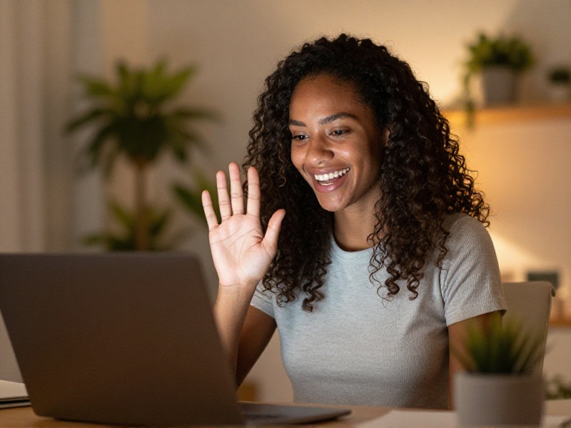 Pessoa sorrindo durante uma videochamada com o parceiro à distância, sentada com o laptop em casa, luz aconchegante, ambiente brasileiro acolhedor, respeitoso.