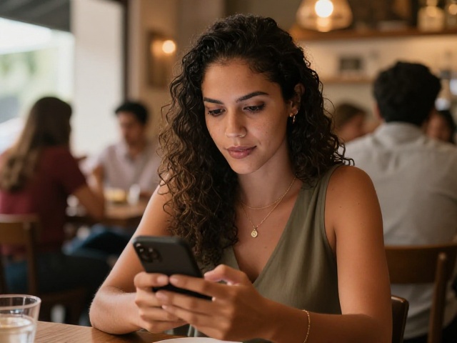 Mulher verificando perfil de namoro online com atencao