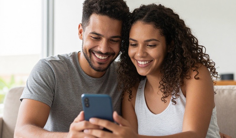 Um jovem casal brasileiro sorrindo durante uma videochamada no celular, clima leve e positivo, luz natural quente.